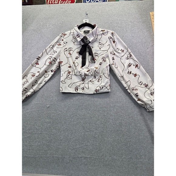 Milk & Honey Face Line Art Cropped Blouse White Black Neck Tie Puff Sleeve M - Picture 2 of 10